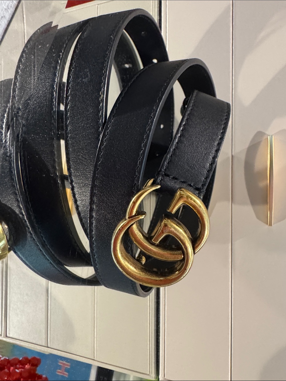 Gucci Black Leather Belt with Gold Double G Buckle 95